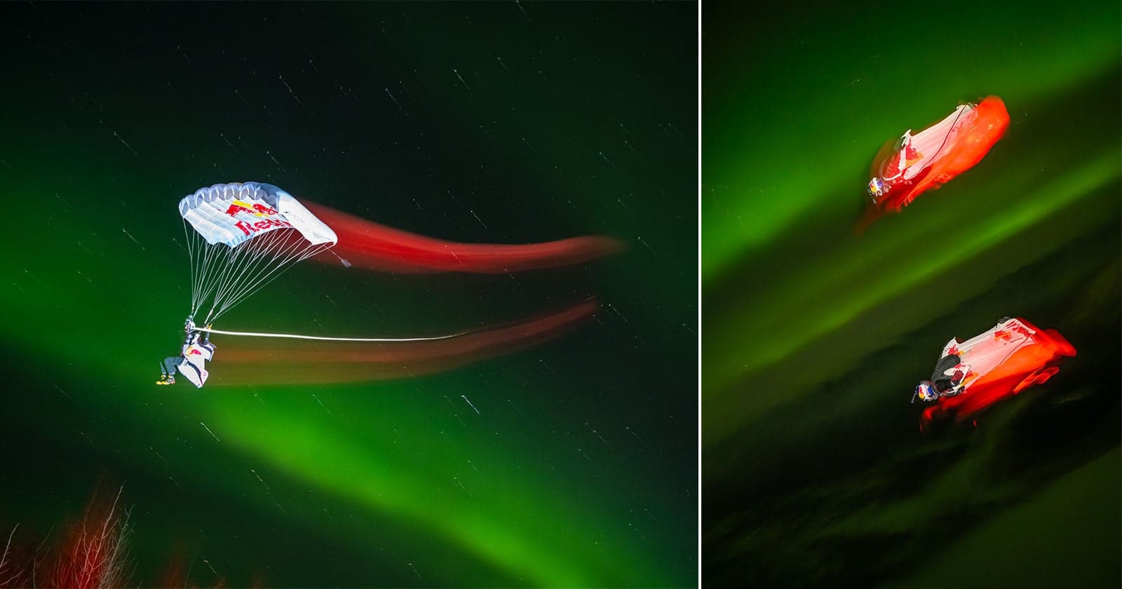 Red Bull’s Mid-Air Photo Shoot Combines Skydivers and the Aurora Borealis